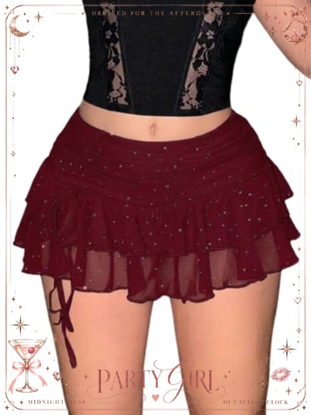 RoseSeek Y2K Sequin Glitter Mesh Ruffle Layered Mini Skirt Party